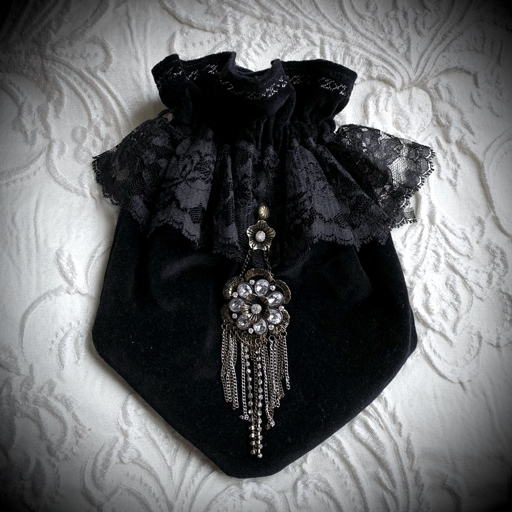 Gothic Drawstring Lace Velvet bag with Crystal Tassel Charm